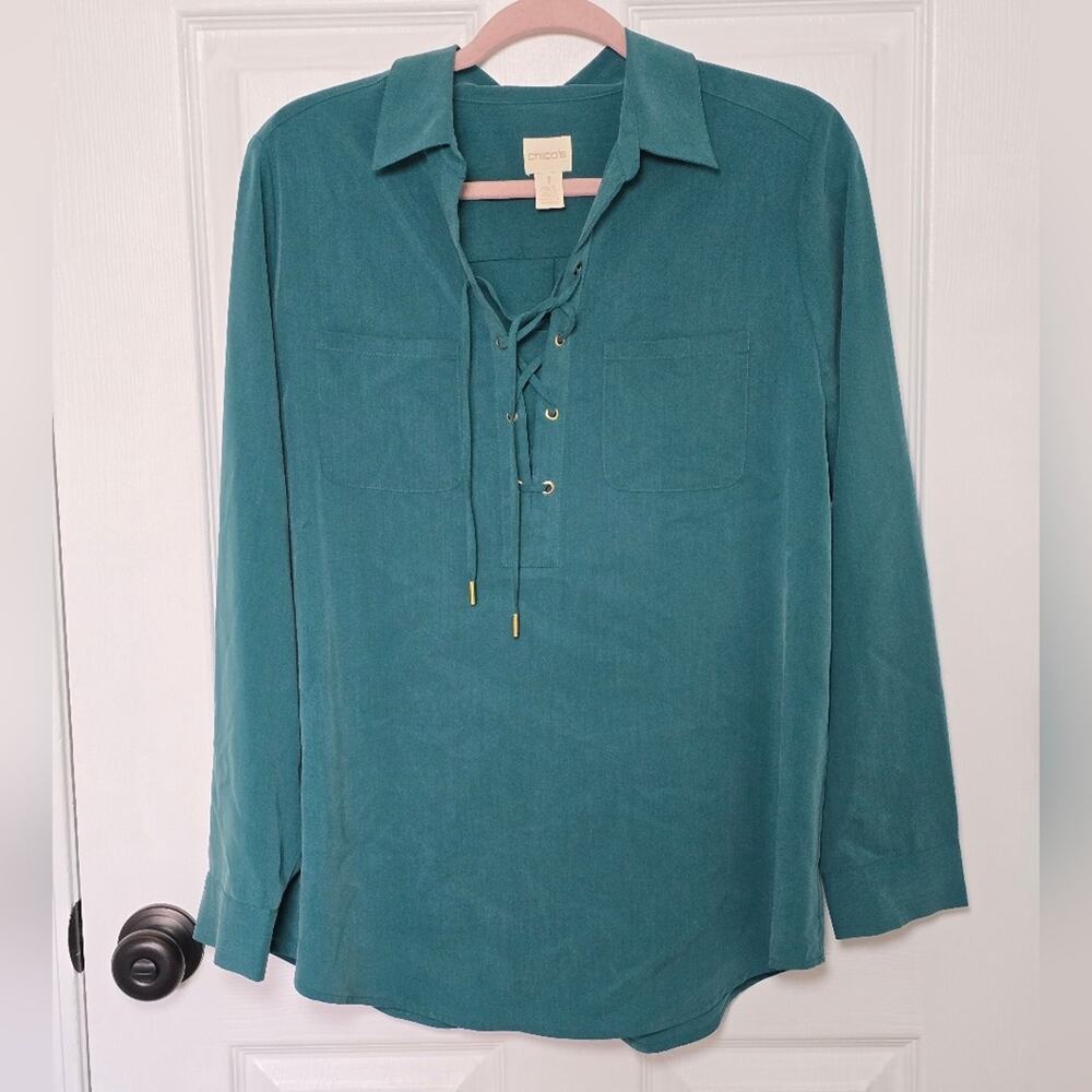 Chico’s Teal Lace-Up Blouse Gold Grommets Long Sleeve Fall Shirt Size 1